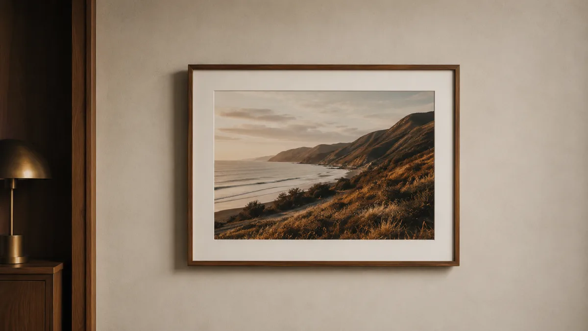 Einzelnes gerahmtes Projektfoto wird an eine leere Studio-Wand gehaengt.