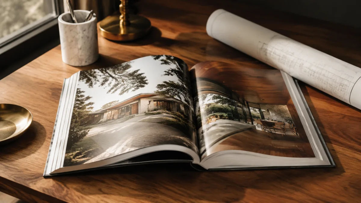 Aufgeschlagenes Architektur-Portfolio mit kuratierten Projektfotos statt technischer Zeichnung.