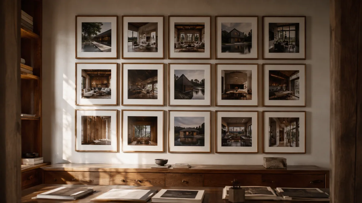 Referenz-Wand mit gerahmten Fotos gelungener Projekte im Architektur-Studio.
