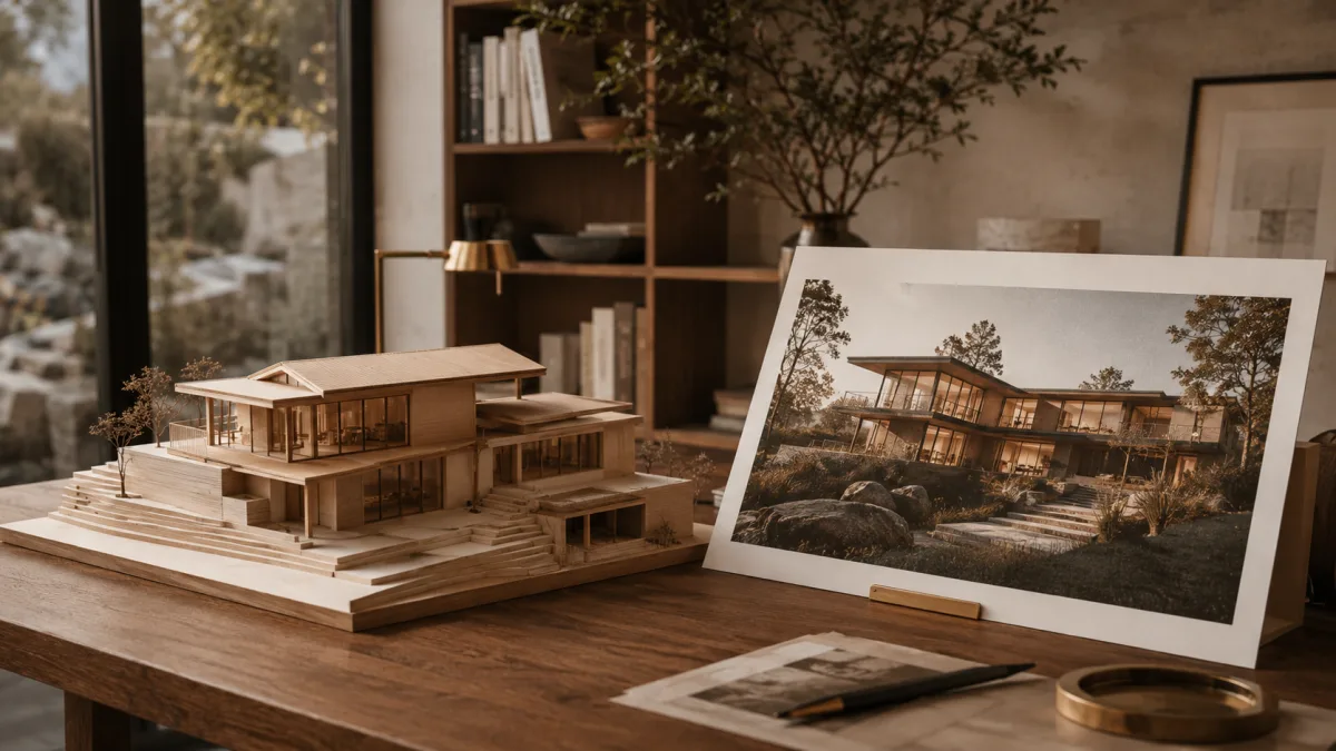 Architektur-Modell und Entwurf zeigen das fertige Werk vor dem Bau.
