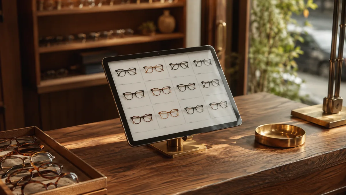 Konfigurator-Tablet mit Fassungs-Auswahl an der Anpasstheke des Optikers.