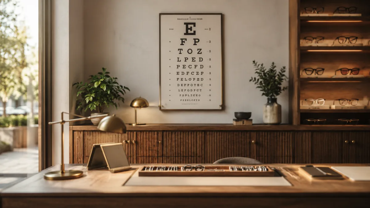 Sehtest-Tafel und Anpasstheke stehen fuer die richtige Reihenfolge beim Optiker.