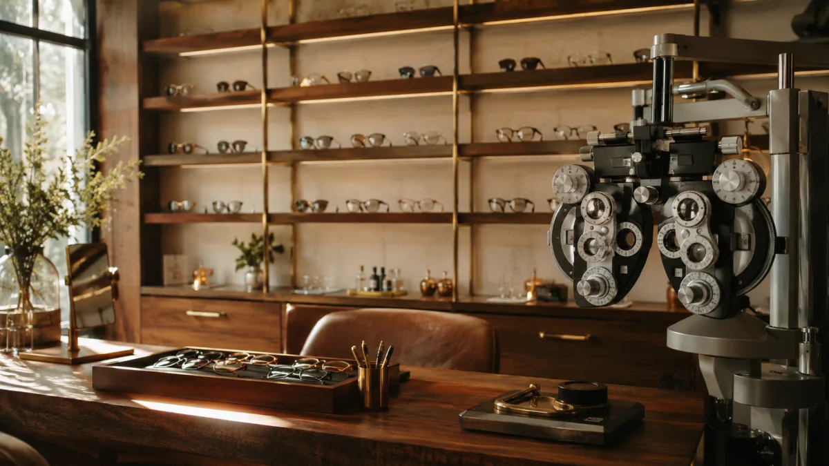Anpasstheke mit Phoropter und geordneter Fassungs-Wand beim Augenoptiker.