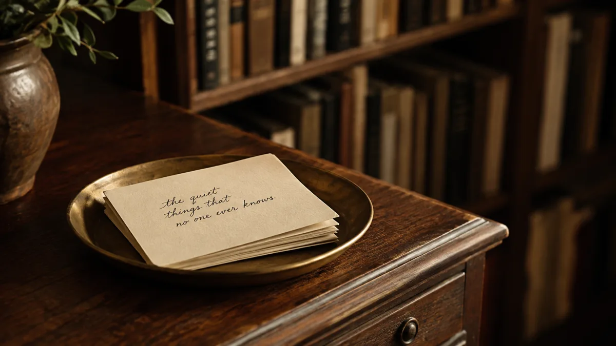 Messingschale mit cremefarbenen Karten, die oberste mit handschriftlicher Notiz