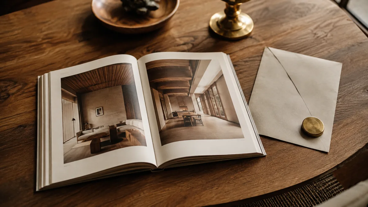 Aufgeschlagenes Architekturportfolio, daneben eine umgedreht liegende Preisliste mit Briefbeschwerer
