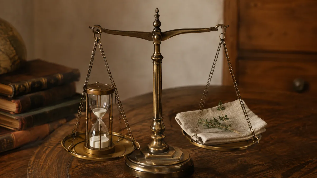 Messingwaage mit Sanduhr auf einer Seite und Leinenserviette auf der anderen, ungleich austariert