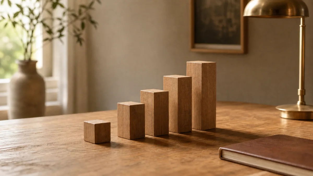 Fuenf Holzbloecke als aufsteigende Treppe, erste Stufe vorgezogen, Einbau-Reihenfolge