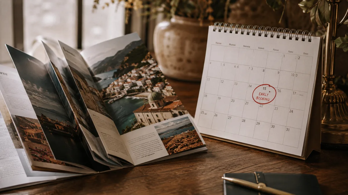 Aufgeklappter Reisekatalog neben einem Kalender mit rot markiertem Fruehbucher-Datum