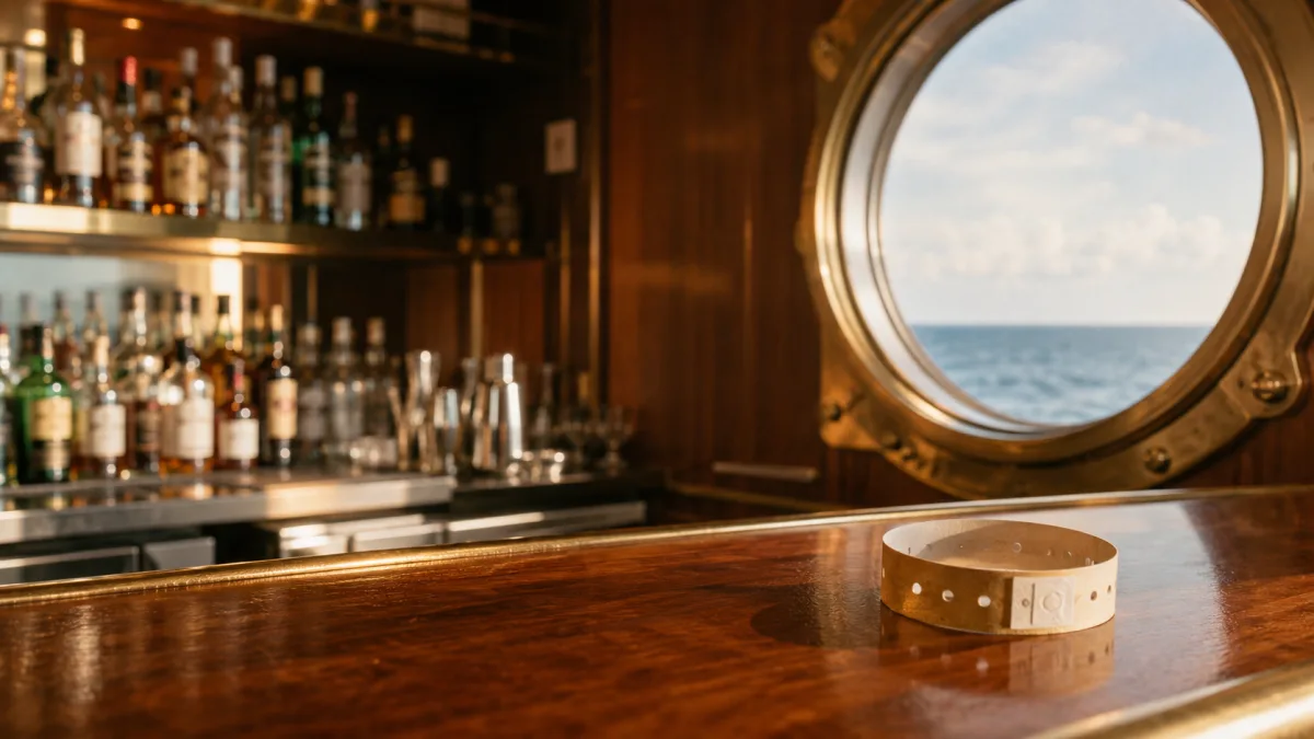 All-Inclusive-Bar auf einem Kreuzfahrtschiff mit Armband, Meer durch ein Bullauge