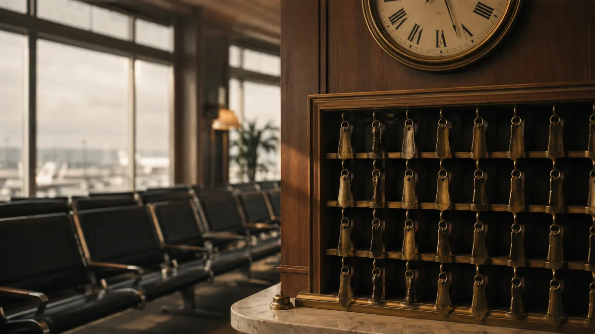 Leere Flugzeugsitze und ungenutzte Hotelzimmer-Schlüssel unter einer Uhr, Kapazität die verfällt