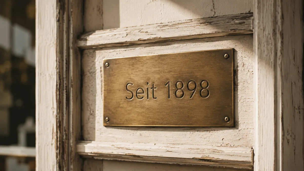 Polierte Messing-Tafel mit eingravierter Aufschrift Seit 1898 montiert an einer cremefarbenen Holzfassade im Tageslicht