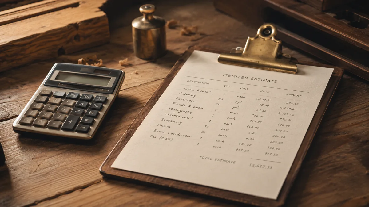 Aufgeschluesselter Kostenvoranschlag neben einem Taschenrechner auf der Werkbank zeigt die Mathematik des Anlass-Preises