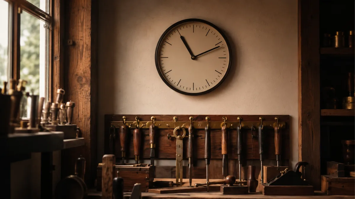 Werkstatt-Wanduhr zu spaeter Stunde steht fuer den Bereitschaftssatz ohne Scham
