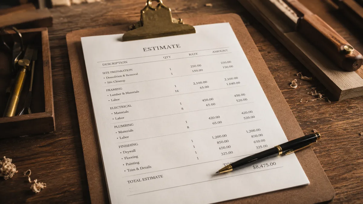 Detaillierter schriftlicher Kostenvoranschlag auf einem Klemmbrett zeigt Transparenz statt Preishoehe