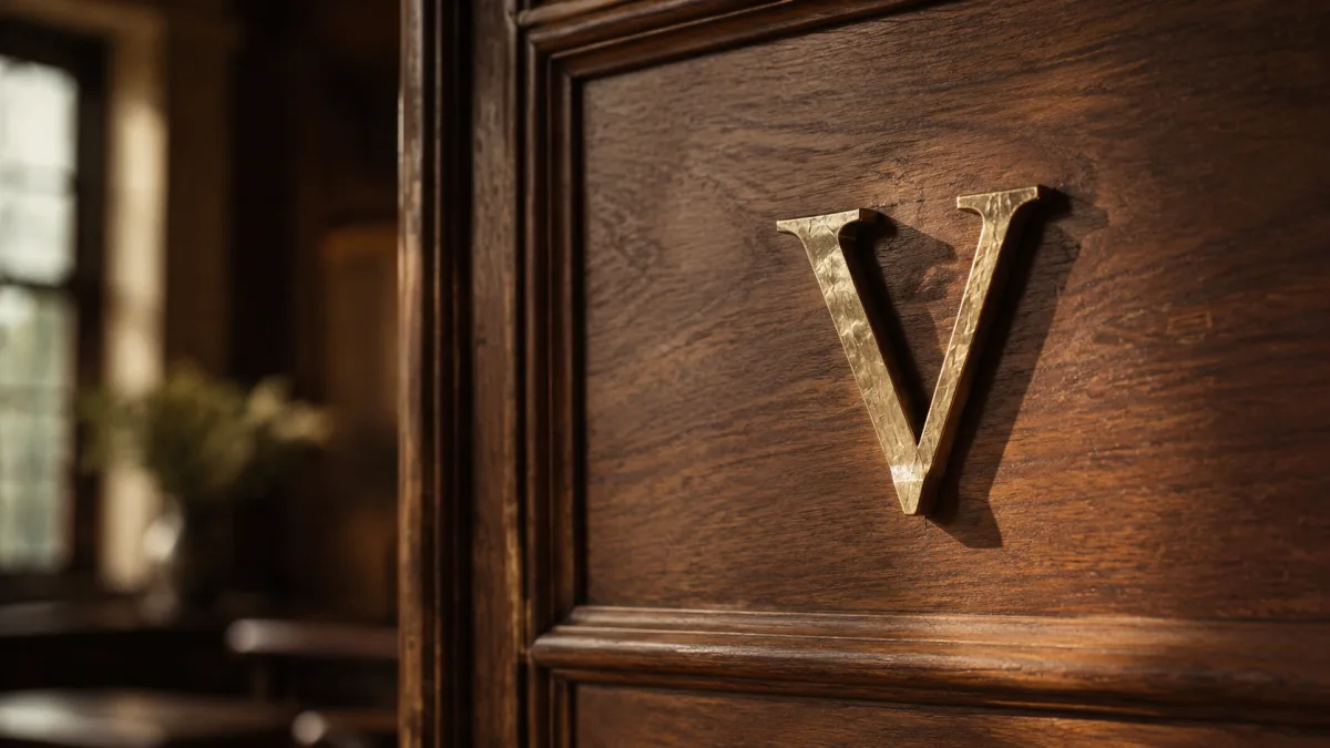 Eingravierter Buchstabe V auf Holzpaneel als Schluss-Symbol für Stammgast-Architektur