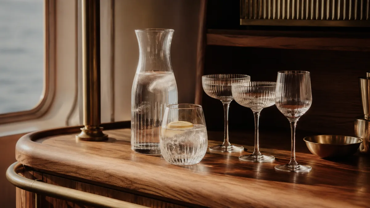 Bar-Arrangement mit Glaesern an Bord illustriert Fragen zur Bon-Steigerung