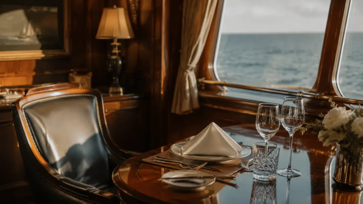 Elegant eingedeckte Kapitaens-Tafel an Bord als Bild fuer den ehrlichen Bord-Aufpreis