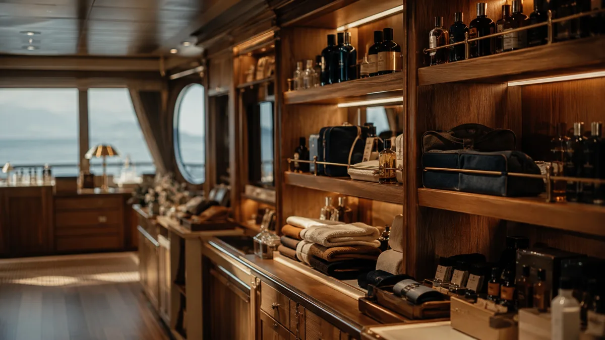 Bord-Boutique mit Regalen voller Premium-Waren zeigt den Onboard-Umsatz der Kreuzfahrt