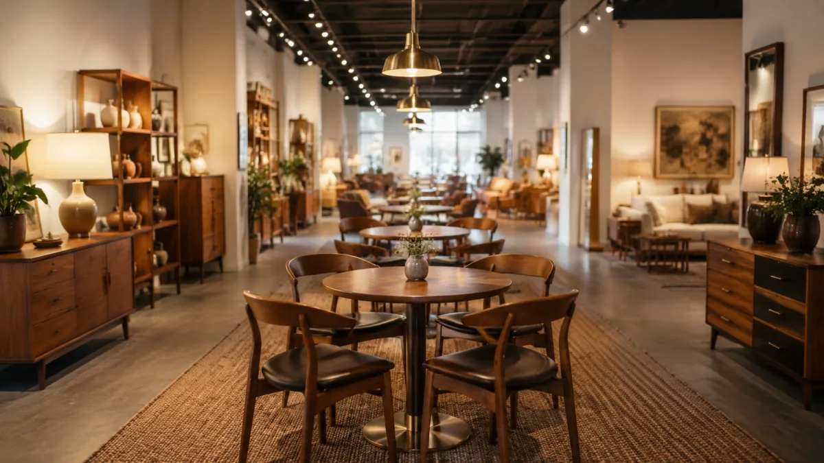 Zentrale Cafeteria im Moebelhaus als Verweildauer-Anker zwischen den Ausstellungsflaechen.