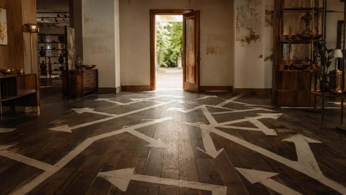 Verwirrendes Pfeil-Labyrinth im Moebelhaus mit nur einem Ausgang als Warnbild.