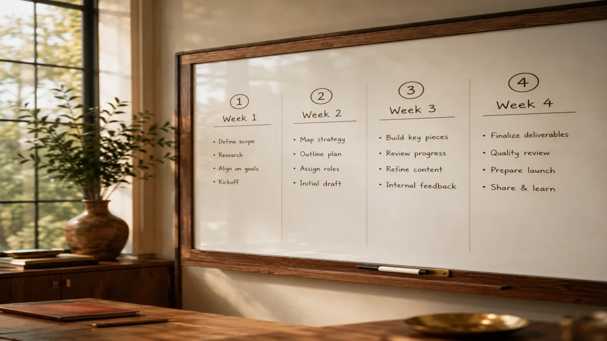 Whiteboard mit nummeriertem 30-Tage-Wochenplan