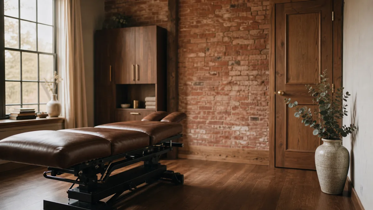 Premium-Osteopathie-Raum mit Backstein und Eiche als Symbol fuer Premium-Segment