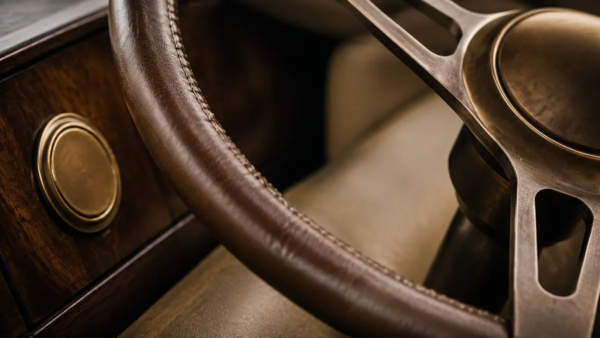 Detail eines genähten Leder-Lenkrads als Bildanker für die Probefahrt-Logik der Premium-Automarken