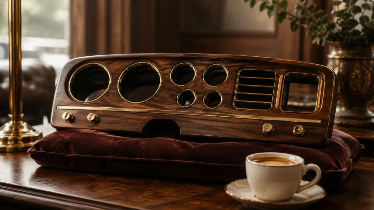 Walnuss-Armaturenpanel neben Espresso-Tasse als Bildanker für das Lounge-Erlebnis im Premium-Showroom
