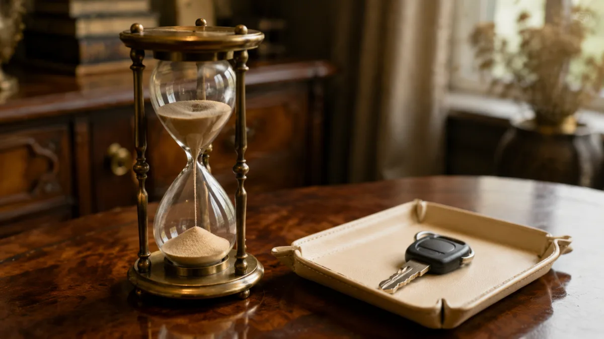 Messing-Sanduhr neben unbeschriftetem Premium-Autoschlüssel symbolisiert sieben Jahre Käuferbindung gegenüber sieben Monaten Gästebindung