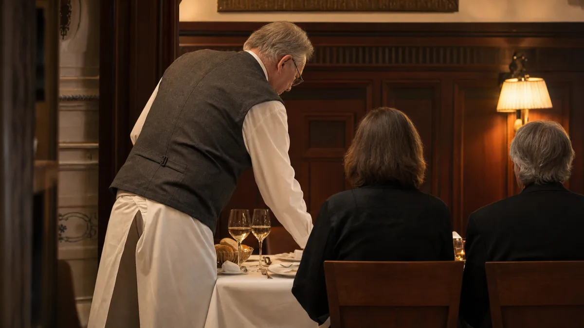 Senior-Kellner in dunklem Weste und langer weisser Schuerze beugt sich von der Seite zu einem gedeckten Restauranttisch mit Stammgaesten in einer traditionellen Gastraum-Atmosphaere mit dunkler Holzvertaefelung