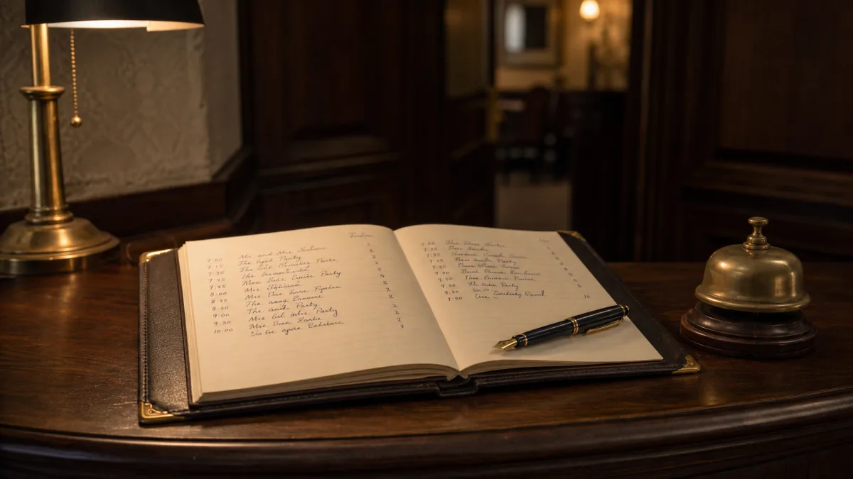 Aufgeschlagenes Leder-Reservierungsbuch mit handschriftlichen Eintraegen und Fuellfederhalter auf einer dunklen Walnuss-Kommode im Vorraum eines Restaurants, daneben eine Messing-Tischklingel