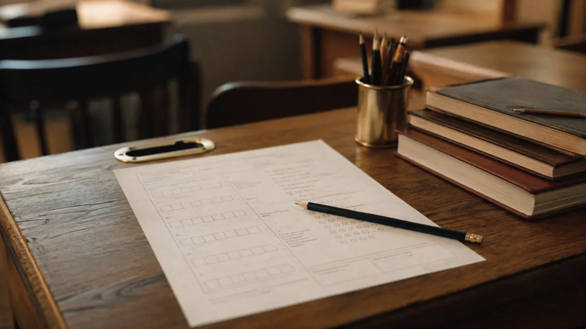 Einstufungstest-Bogen auf einem aufgeraeumten Klassentisch mit Bleistift steht fuer die Einstufung beim ersten Besuch