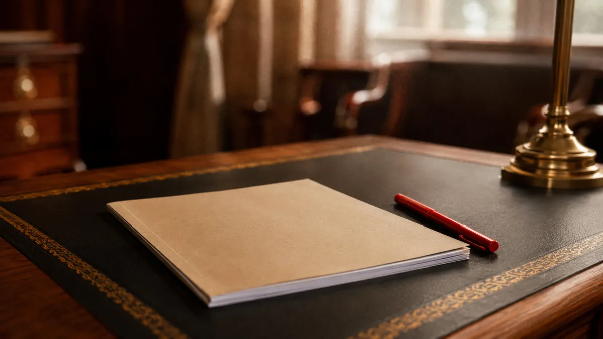 Geschlossenes foermliches Pruefungsheft neben rotem Stift als Warnbild gegen den Schulcharakter