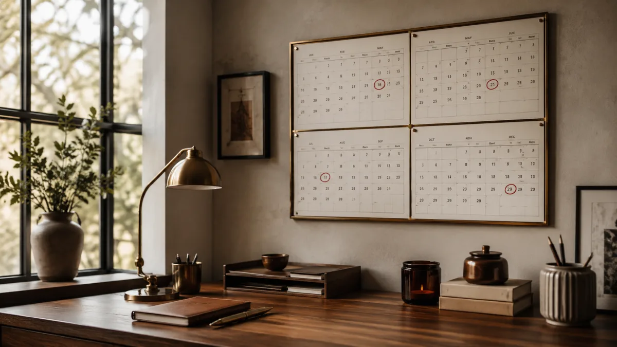 Wandkalender mit markierten Quartals-Pflichtterminen