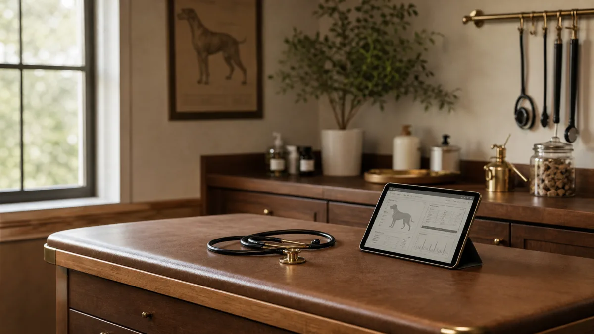 Untersuchungstisch mit Stethoskop und Tablet als Diagnose-Theater