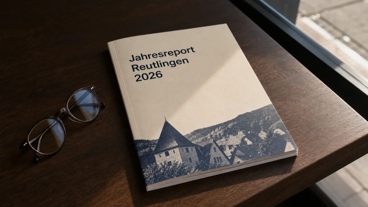 Kleiner gedruckter Report mit dem Titel Jahresreport Reutlingen 2026 in Cremefarben auf einer dunklen Walnussholz-Restauranttheke neben einer Lesebrille