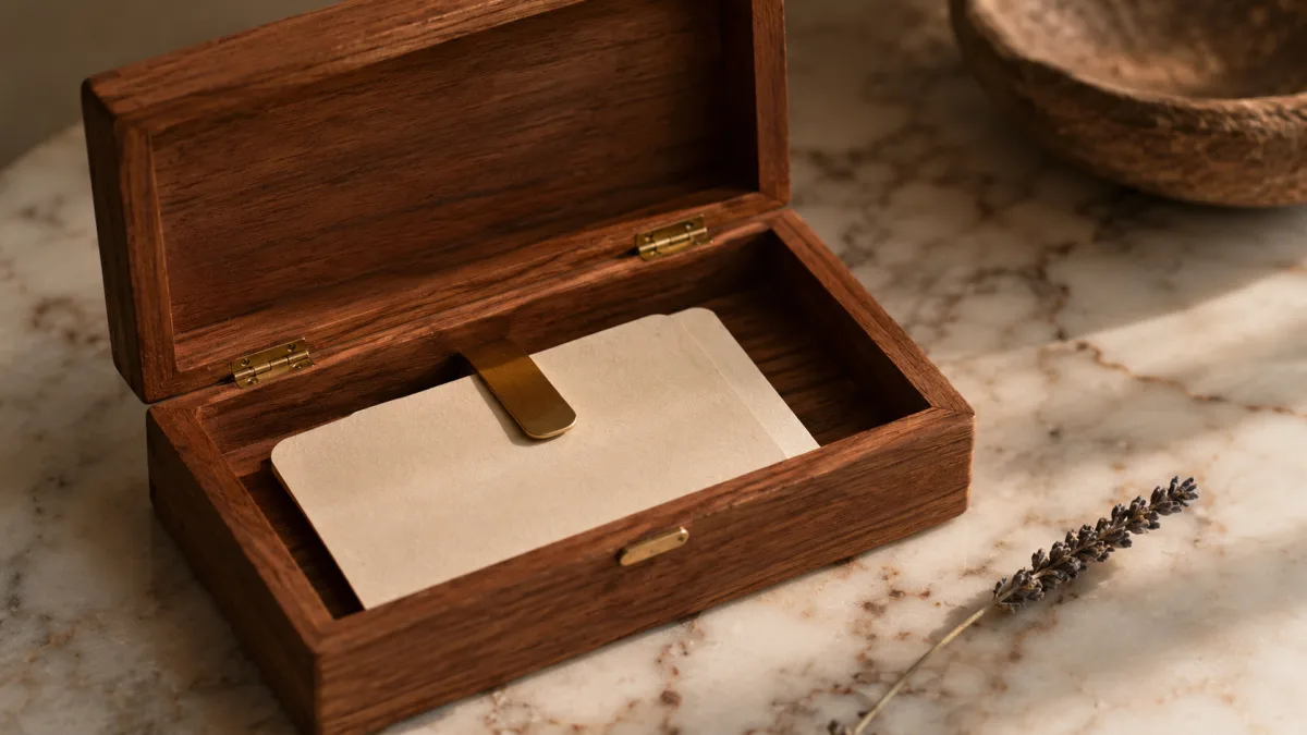 Holzbox mit zwei cremefarbenen Karten und Lavendel symbolisiert das Konzept der Restaurant-Mitgliedschaft