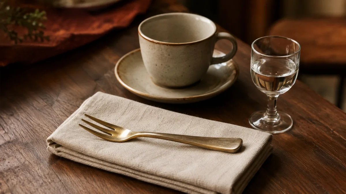Dreizinkige Messing-Gabel mit Espresso-Tasse und kleinem Glas symbolisiert Cross-Selling im Restaurant