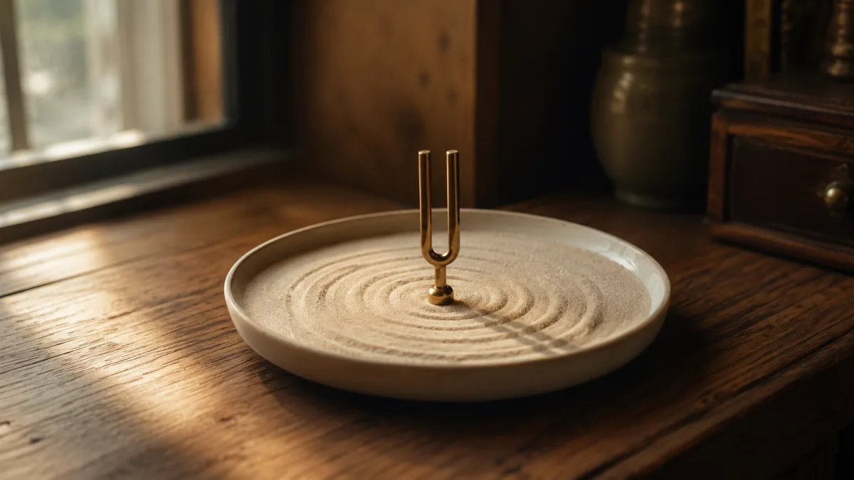 Messing-Stimmgabel mit konzentrischen Sand-Wellen visualisiert strukturiertes Empfehlungsmarketing in der Gastronomie