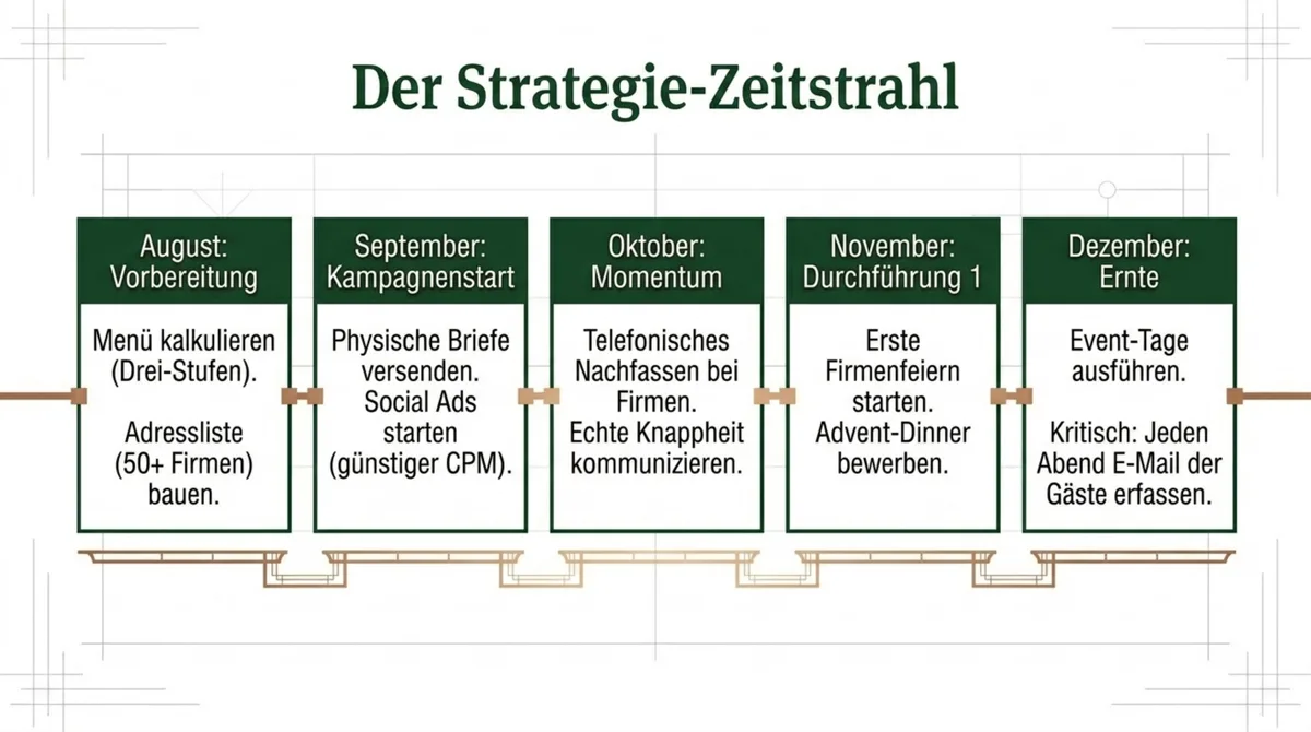 Weihnachtskampagne Restaurant Zeitplan August bis Januar: Vorbereitung, Kampagnenstart, Momentum und Ernte