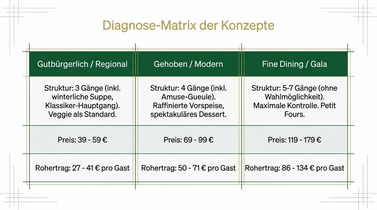 Weihnachtsmenü Vorlage Vergleich: Gutbürgerlich 39-59 Euro, Gehoben 69-99 Euro, Fine Dining 119-179 Euro Rohertrag