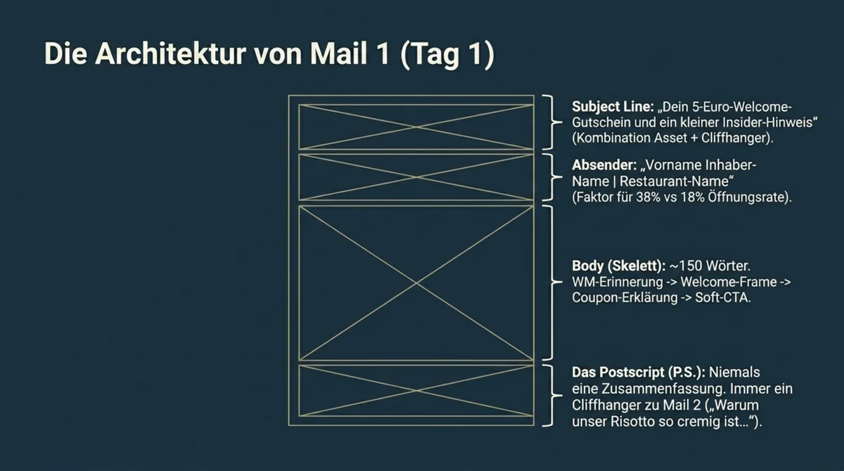 Architektur der ersten Welcome-Mail für WM-Erstbesucher: Subject-Line Asset+Cliffhanger, Absender Vorname Inhaber-Name, Body 150 Wörter WM-Erinnerung, Welcome-Frame und Coupon, P.S. als Cliffhanger zu Mail 2