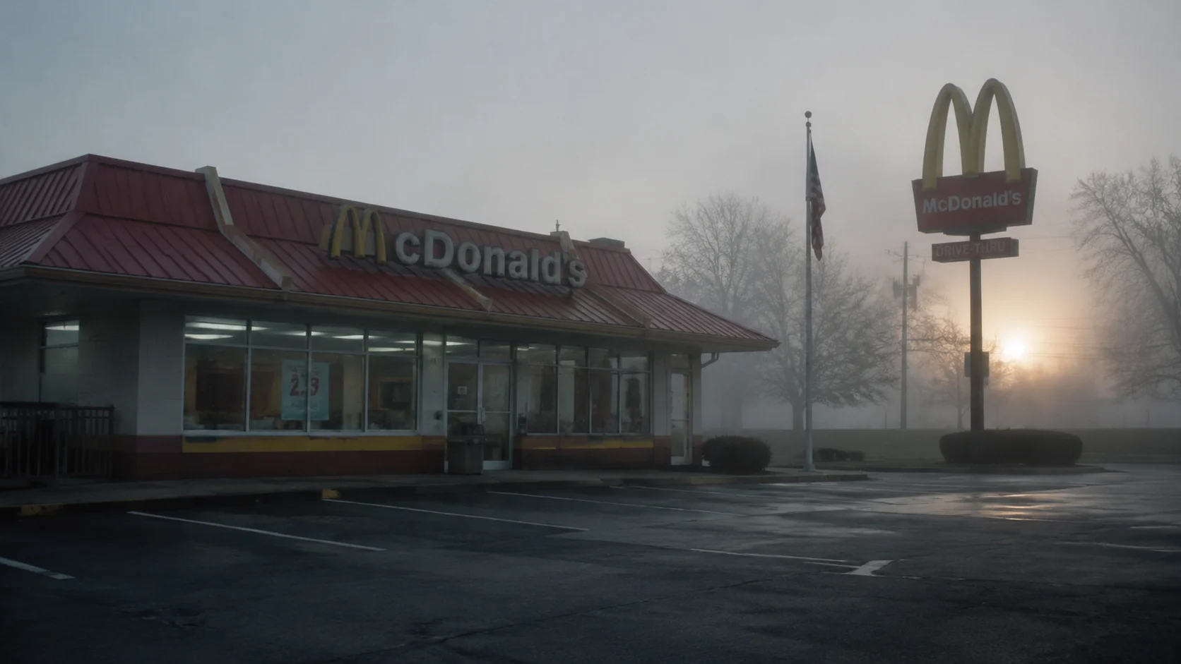 Klassisches amerikanisches Fast-Food-Restaurant von außen bei Morgendämmerung, gedämpfte rot-gelbe Beschilderung im Morgennebel, leerer Parkplatz