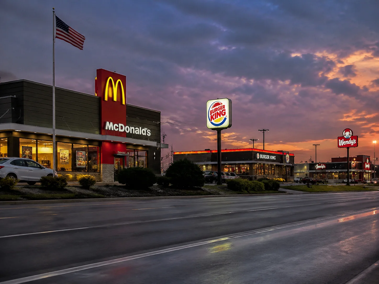 Drei Burger-Fast-Food-Restaurants entlang einer amerikanischen Highway-Strip bei Dämmerung, nach visueller Prominenz geordnet, dokumentarischer Stil
