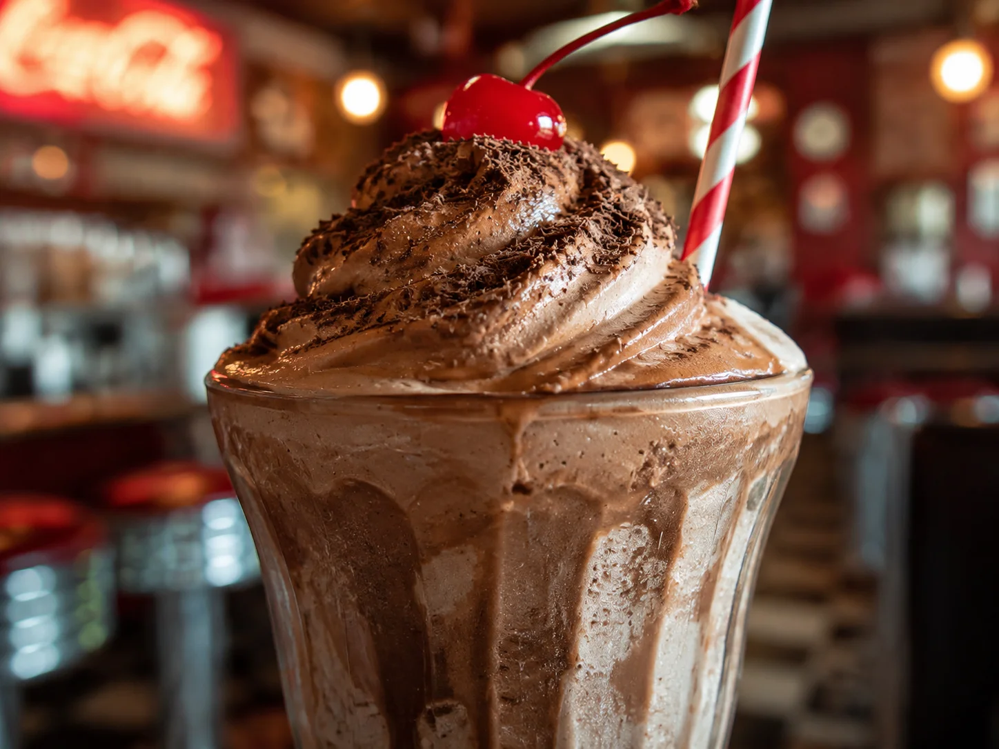 Schokoladen-Frosty-Dessert in klassischem amerikanischen Diner-Becher mit Vintage-Soda-Fountain-Ästhetik, warmes Diner-Licht