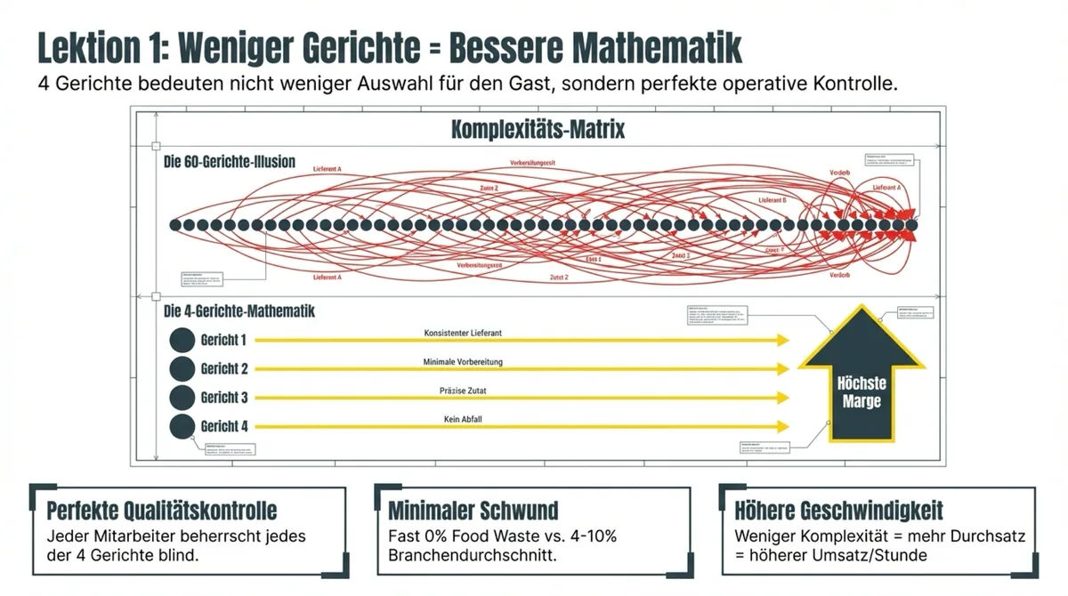 Weniger Gerichte gleich bessere Mathematik: 4 Gerichte bedeuten perfekte Qualitätskontrolle, minimaler Schwund und höchste Marge