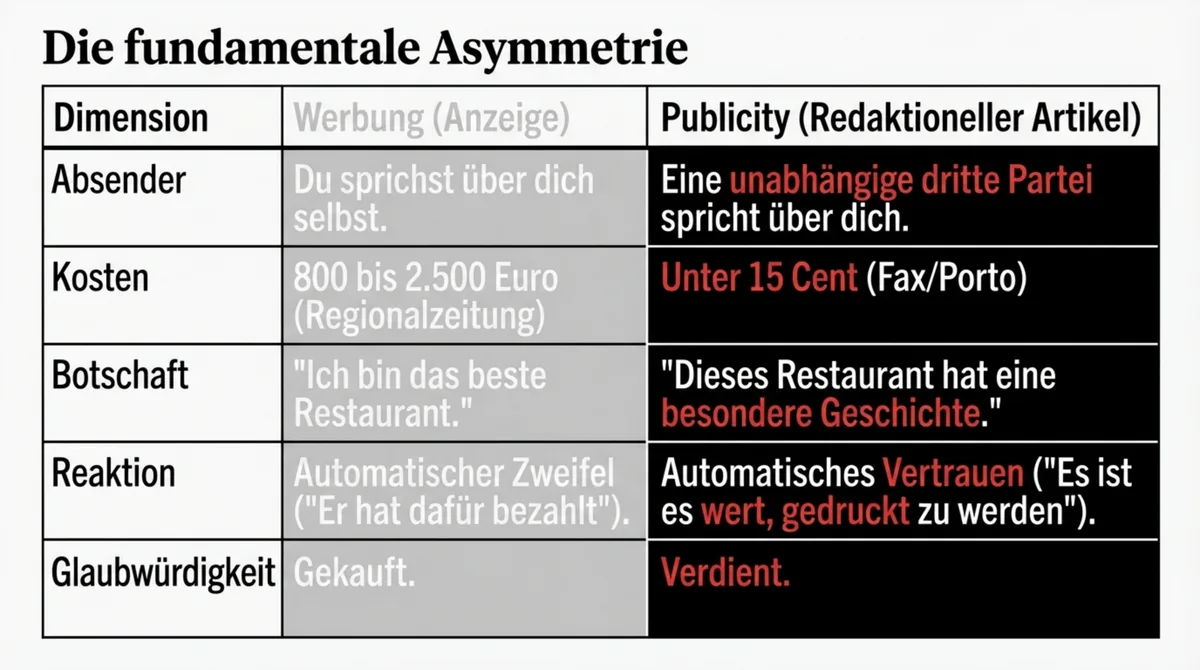 Vergleichstabelle Werbung vs. Pressearbeit: Absender, Kosten, Botschaft, Glaubwürdigkeit – Restaurant Pressearbeit gewinnt in jeder Dimension