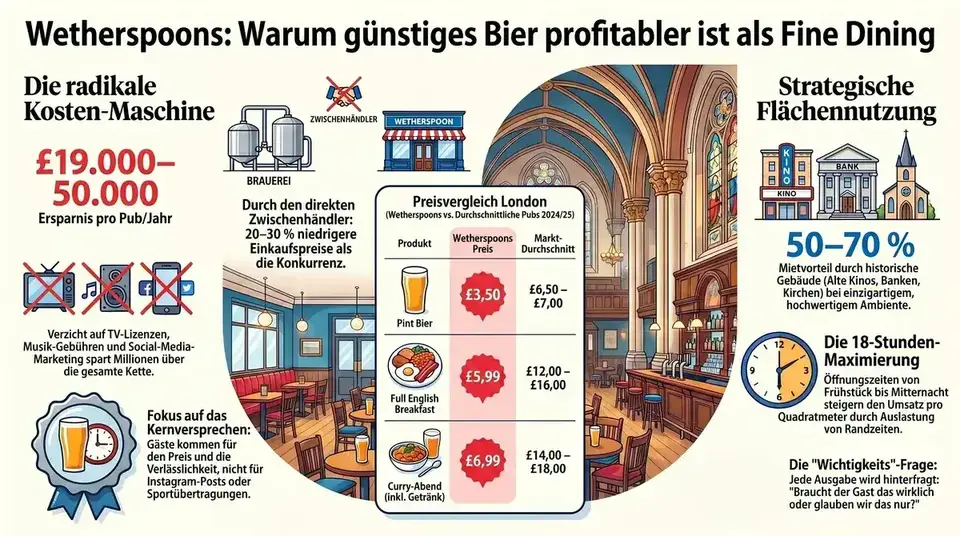 Wetherspoons Infografik: Warum günstiges Bier profitabler ist als Fine Dining – Überblick Kostenmaschine, Direkteinkauf und Flächennutzung