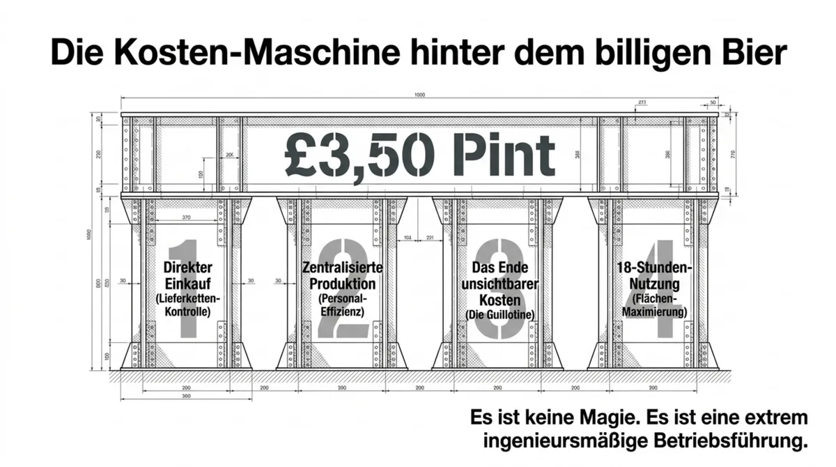 Die vier Hebel der Wetherspoons Kostenmaschine: Direkteinkauf, zentralisierte Produktion, Ende unsichtbarer Kosten, 18-Stunden-Nutzung
