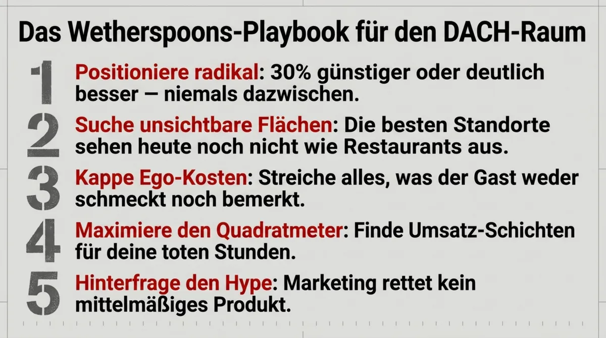 Das Wetherspoons-Playbook für den DACH-Raum: 5 Prinzipien – radikal positionieren, unsichtbare Flächen suchen, Ego-Kosten kappen, Quadratmeter maximieren, Hype hinterfragen